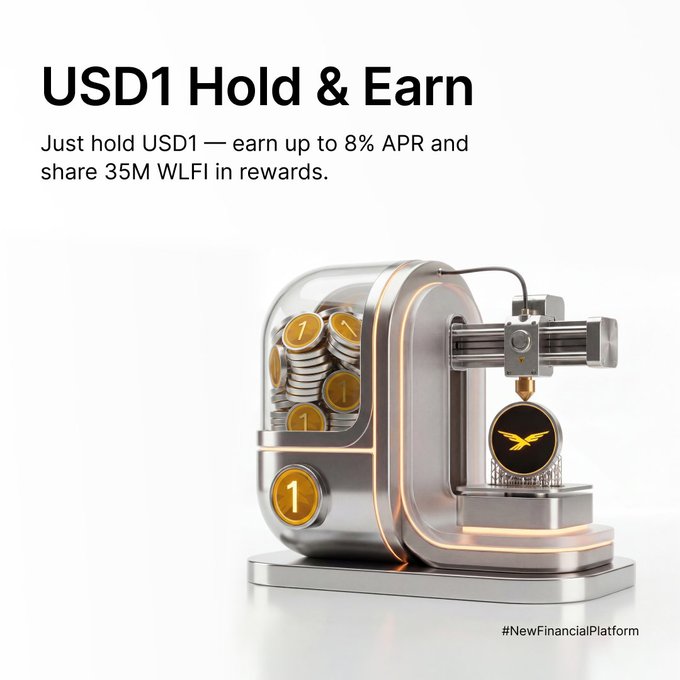 Promotional graphic for "USD1 Hold & Earn" featuring a 3D-rendered coin-printing machine dispensing tokens with a WLFI logo, advertising up to 8% APR and 35M WLFI rewards in a giveaway running until October 16, 2026, tagged with #Bybit and #NewFinancialPlatform.