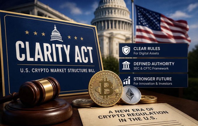 A promotional graphic for the 'CLARITY ACT' as the 'U.S. CRYPTO MARKET STRUCTURE BILL', displayed next to the U.S. Capitol and an American flag, alongside text highlighting 'CLEAR RULES For Digital Assets', 'DEFINED AUTHORITY SEC & CFTC Framework', and 'STRONGER FUTURE For Innovation & Investors'.