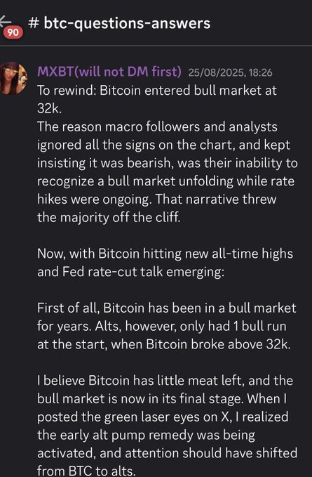 A Discord message in #btc-questions-answers from MXBT analyzing Bitcoin's bull market, noting BTC entered a bull market at $32k and predicting attention should shift from BTC to altcoins.