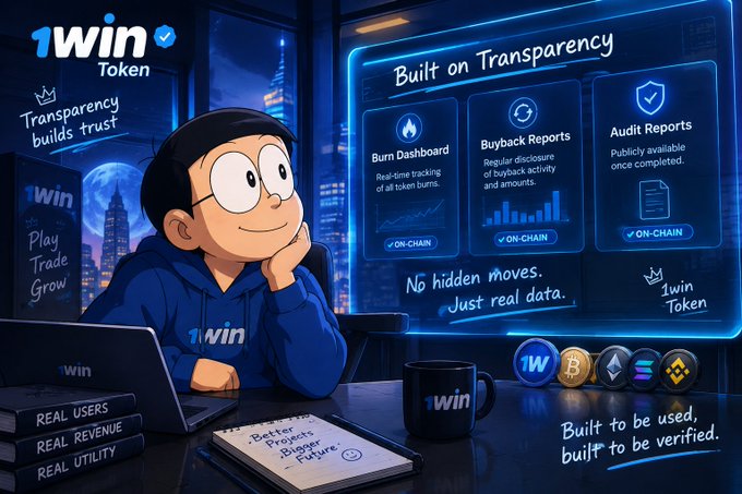 A promotional graphic for '1win Token' features a cartoon character beside a dashboard showing 'Burn Dashboard,' 'Buyback Reports,' and 'Audit Reports,' with the tagline 'Transparency builds trust.'