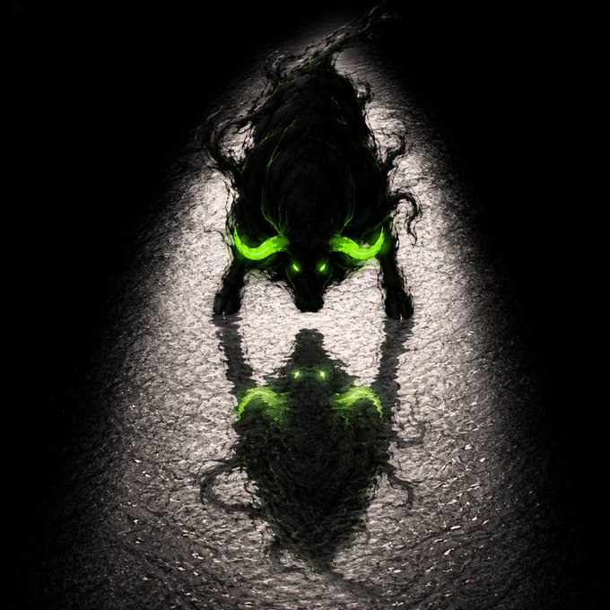 A dark, digital artwork of a wolf-like creature with glowing green eyes crouching over a wet, reflective surface that mirrors its form.