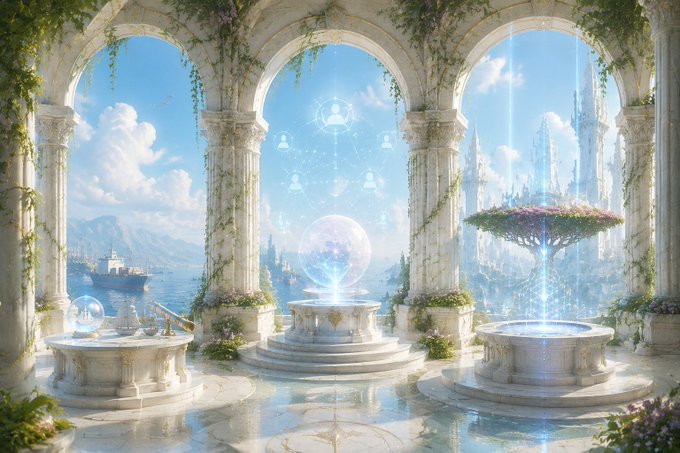 A bright, fantasy-style digital artwork of a grand classical colonnade with white arches draped in green vines, overlooking a coastal landscape with floating islands and glowing magical orbs on stone pedestals.