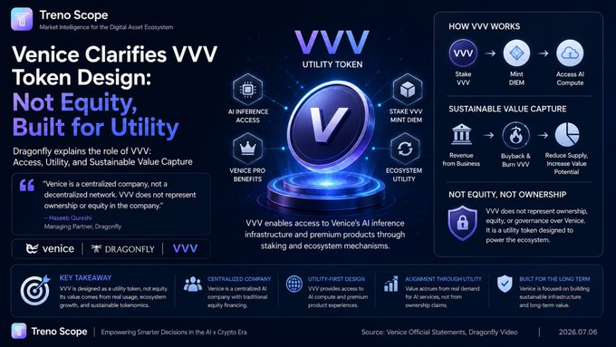 This infographic from Treno Scope titled "Venice Clarifies VVV Token Design: Not Equity, Built for Utility" outlines how the VVV utility token grants access to Venice's AI inference infrastructure, staking rewards, and ecosystem benefits, while emphasizing it does not represent equity or ownership in the company. It cites a clarifying statement from Haseeb Qureshi, Managing Partner at Dragonfly, who described Venice as "a centralized company, not a decentralized network," reinforcing that VVV's value is derived from utility rather than equity financing.