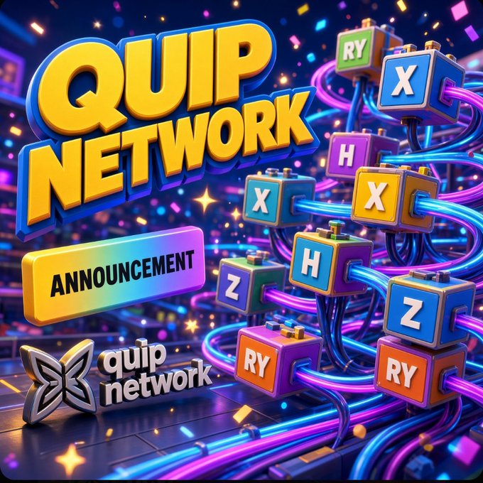A colorful 3D graphic announcing 'QUIP NETWORK' with interconnected cubes displaying letters like 'X', 'H', 'Z', and 'RY' linked by glowing cables.
