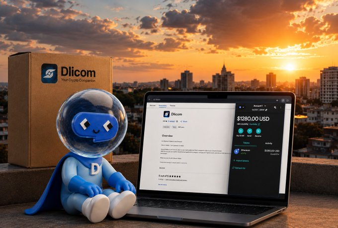 The image features a laptop computer with an attached blue robot figure sitting on top of it, as well as a cardboard box labeled "DICOM" next to the laptop. The background shows a city skyline at sunset, creating a visually appealing scene that complements the theme of digital finance and technology.