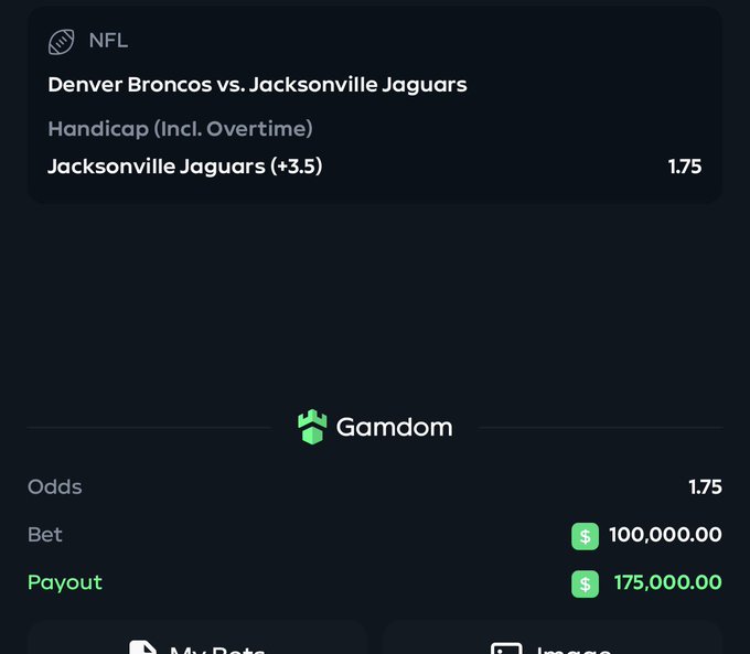 A Gamdom sports betting slip shows a $100,000 NFL handicap bet on the Jacksonville Jaguars (+3.5) vs. the Denver Broncos at 1.75 odds, yielding a $175,000 payout, celebrating the bettor's big wager win.