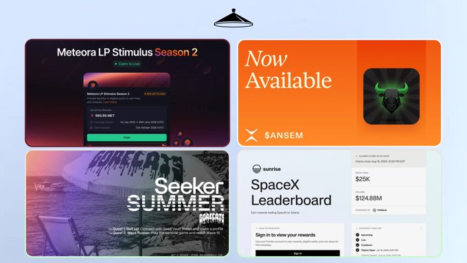A collage of four promotional panels featuring Meteora's LP Stimulus Season 2 claiming "$980.98 NET", Solana Mobile's "$ANSEM" Seeker distribution now available, Seeker Summer by Solana Mobile, and a Sunrise Leaderboard showing SpaceX funding at "$25K" and "$124.88M". The image illustrates free crypto distribution events on Solana, highlighting the Meteora $MET airdrop claim window and Solana Mobile's $SKR seeker summer rewards as mentioned in the post.