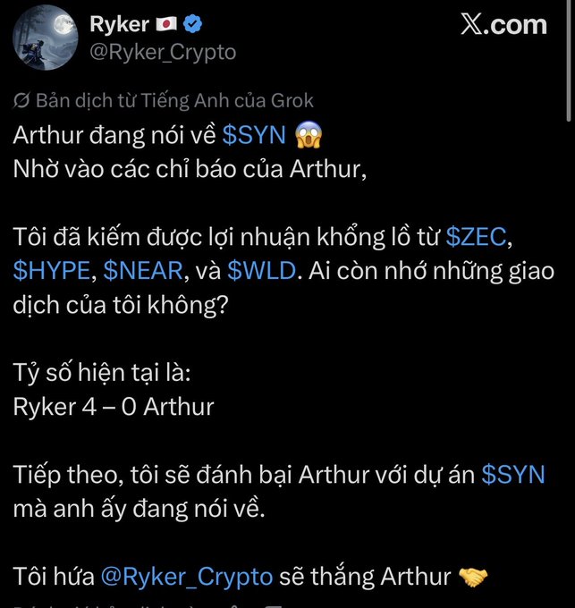 An X (Twitter) post by Ryker (@Ryker_Crypto, verified, Japanese flag) in Vietnamese discussing $SYN, claiming profits from $ZEC, $HYPE, $NEAR, and $WLD, and stating 'Ryker 4 - 0 Arthur' with a promise to defeat Arthur on the $SYN project.
