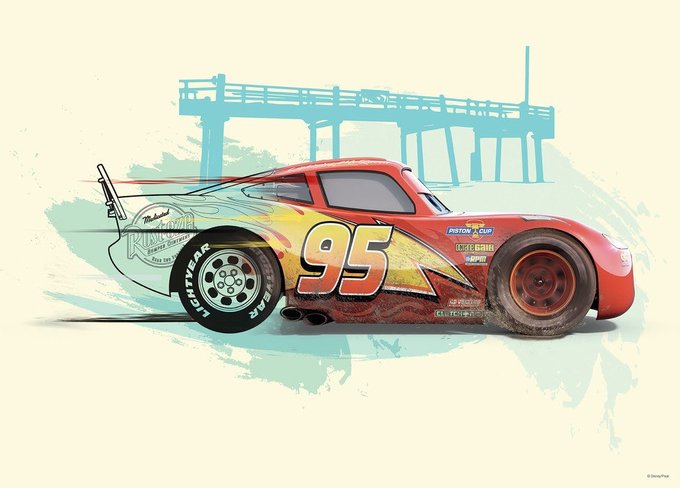 A digital illustration of the character Lightning McQueen, a red race car with the number 95, set against a stylized background.