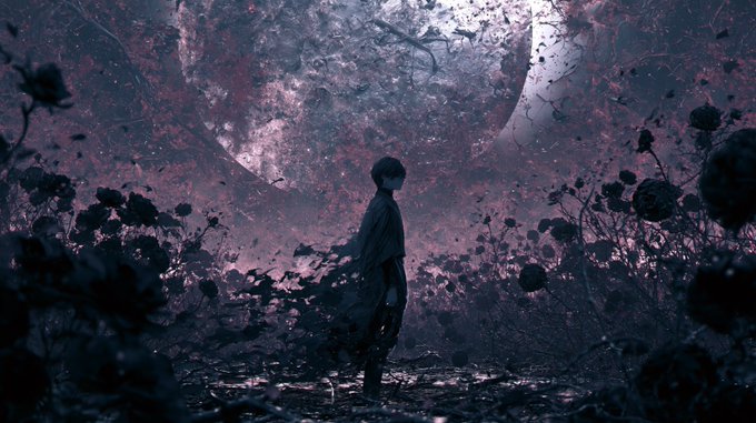 A silhouette of a person stands amid dark roses and swirling petals beneath a massive crescent moon in a surreal, ethereal landscape.