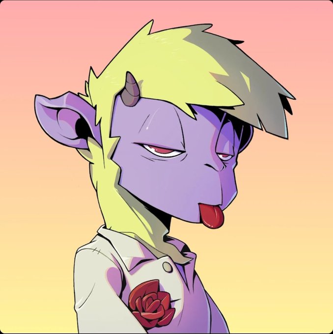 A cartoon illustration shows a purple-skinned character with small horns, yellow-green hair, a pointed ear, and a red tongue sticking out, wearing a white shirt with a red rose.