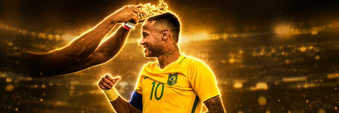 Neymar Jr. in Brazil's yellow #10 jersey is crowned with a golden trophy by an outstretched arm, set against a glowing golden stadium backdrop.