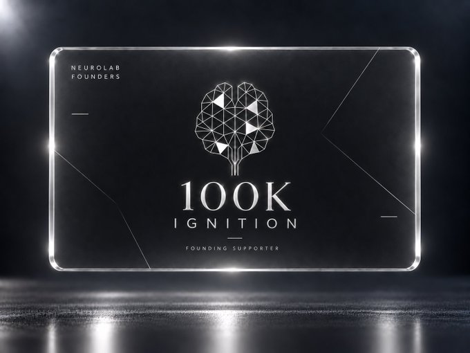 A dark, glossy 'NEUROLAB FOUNDERS 100K IGNITION FOUNDING SUPPORTER' commemorative plaque with a geometric brain-tree logo.