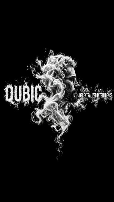 A dark, stylized graphic featuring a face dissolving into smoke alongside the text 'QUBIC' and 'DECENTRALIZED INTELLIGENCE'.