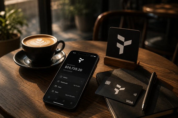 A coffee cup sits on a wooden table next to a smartphone displaying a digital wallet app with a balance of $24,735.20, alongside a black Visa card and a small sign bearing a triangular logo.