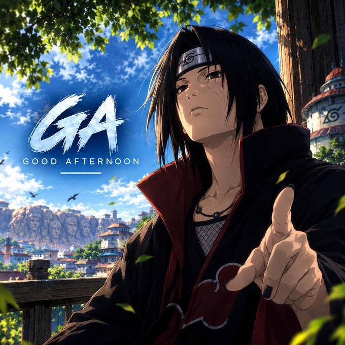 An anime character with long dark hair wearing a black Akatsuki cloak with red clouds, standing before a village; the image includes the text 'GA GOOD AFTERNOON'.