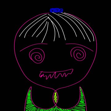 A neon-style digital drawing on black background depicting a stylized character with spiral eyes, a wide grinning mouth with teeth, and a green collar.
