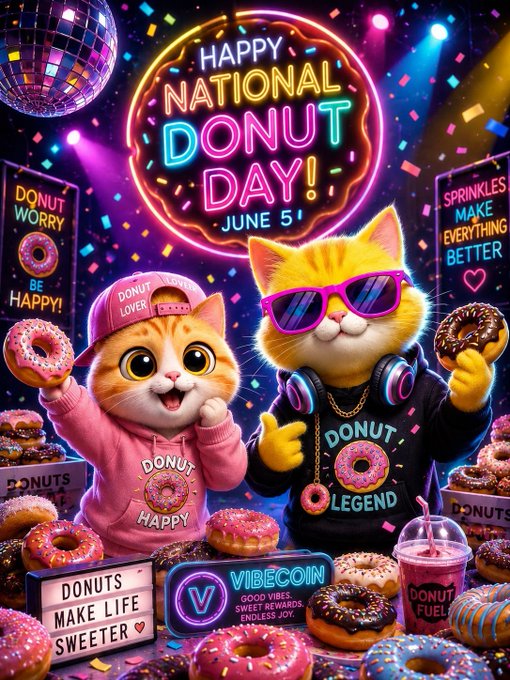 The image features two cartoon cats wearing sunglasses and holding donuts while standing next to each other. They are surrounded by an array of donuts placed around them, with a sign that reads "Happy National Donut Day!". The background includes neon lights and various signs related to donuts, creating a festive atmosphere.

In the image, there is also a cup located near the bottom right corner, possibly containing a beverage or another treat associated with the celebration of donut day.