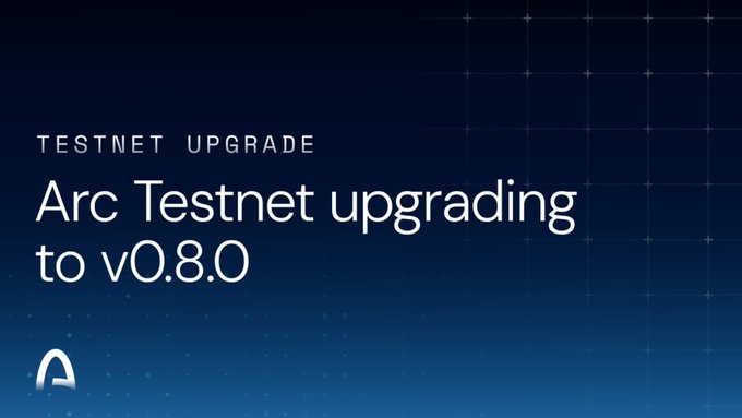 A digital announcement graphic displays 'TESTNET UPGRADE' with the headline 'Arc Testnet upgrading to v0.8.0' against a dark blue grid background.