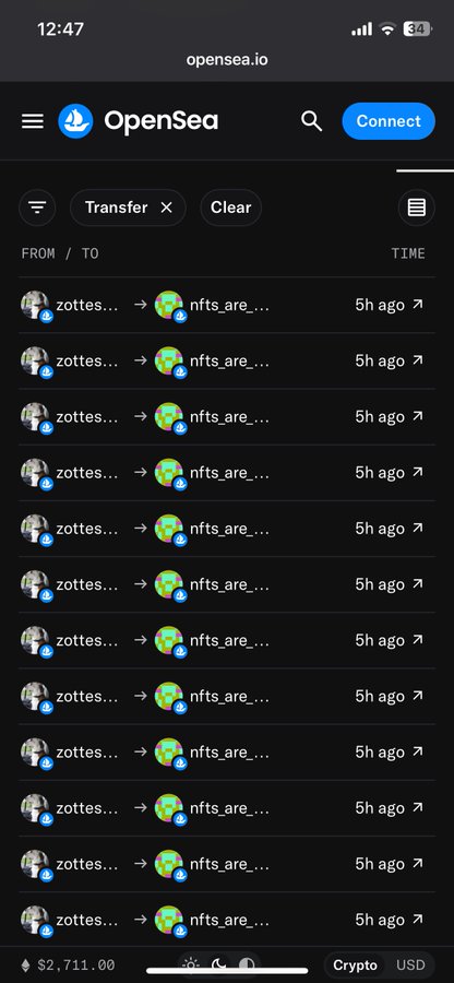 An OpenSea.io mobile interface showing multiple transfers from 'zottes...' to 'nfts_are...' wallet addresses, all timestamped 5h ago, with a total value of $2,711.00.