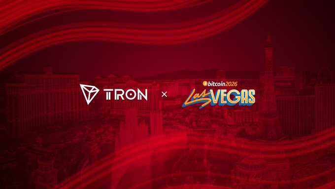 A red promotional banner featuring the TRON logo alongside the 'Bitcoin 2026 Las Vegas' event logo, set against a stylized Las Vegas skyline.