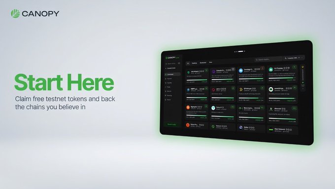 A digital advertisement for 'CANOPY' features the text 'Start Here - Claim free testnet tokens and back the chains you believe in' next to a tablet displaying a dashboard of blockchain projects.