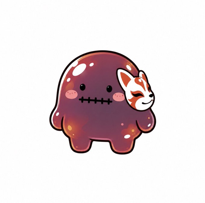 A cartoon illustration of a purple, stitched-up blob creature holding a traditional white and orange Japanese kitsune (fox) mask against its side.