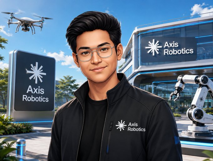 A digitally illustrated portrait of a young man with glasses wearing an Axis Robotics jacket, standing in front of a futuristic Axis Robotics building with a drone and robotic arm.