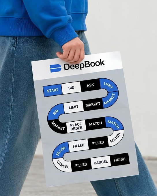 A person wearing a blue sweatshirt and jeans holds a sign for DeepBook, illustrating the order book matching process with terms like 'BID', 'ASK', 'LIMIT', 'MARKET', and 'MATCH'.