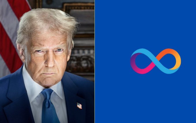 A split image shows a serious portrait of Donald Trump on the left and the colorful infinity-shaped logo of Internet Computer on the right. The image is paired with a post expressing bullish sentiment regarding the $ICP cryptocurrency.