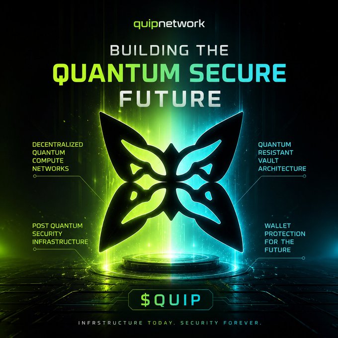 The image features a green butterfly-shaped logo, which is the main visual element in the advertisement for Quip Network. The text "Building the Quantum Secure Future" is displayed above the butterfly logo, emphasizing the company's focus on quantum computing and security. The background of the image is black with neon lights, creating an futuristic atmosphere that complements the butterfly design. The text "Infrastructure Today, Security Forever" suggests a connection between the butterfly logo and Quip Network's services, indicating their commitment to providing cutting-edge solutions for secure infrastructure development.