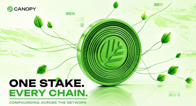 A green promotional graphic for 'CANOPY' features a 3D leaf-emblazoned coin with vines and leaves, accompanied by the tagline 'ONE STAKE. EVERY CHAIN. COMPOUNDING ACROSS THE NETWORK.'