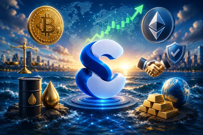 A digital collage featuring various economic and crypto symbols, including a Bitcoin coin, Ethereum logo, gold bars, oil barrel, scales of justice, and a stylized 'S' logo, set against an ocean and city skyline background.