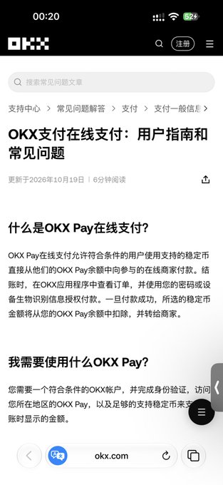 A mobile screenshot of the OKX support article titled 'OKX支付在线支付：用户指南和常见问题' explaining how OKX Pay online payment works.