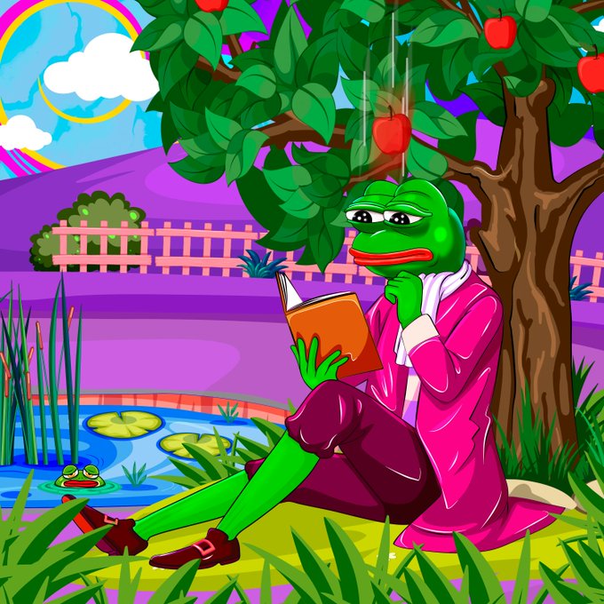 A green Pepe the Frog sits under an apple tree in a vibrant landscape, reading a book while another small frog peeks from a nearby pond, perfectly capturing the post's whimsical spirit of embracing a "good day" with calm contemplation and a touch of absurdity.