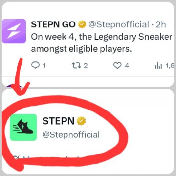 A screenshot of two tweets from STEPN GO (@Stepnofficial) where a red circle and arrow highlight the @Stepnofficial handle and profile icon.