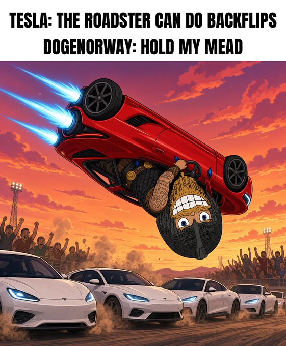 A meme image showing a red car performing a backflip in mid-air above a row of white cars, with the text 'TESLA: THE ROADSTER CAN DO BACKFLIPS / DOGENORWAY: HOLD MY MEAD'.