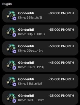 A mobile screenshot displays a list of recent outgoing transactions under the header "Bugün," showing multiple PnORT (PNORTH) token transfers ranging from 35,000 to 60,000 tokens sent to various recipients, illustrating the active distribution of the airdrop mentioned in the accompanying post.