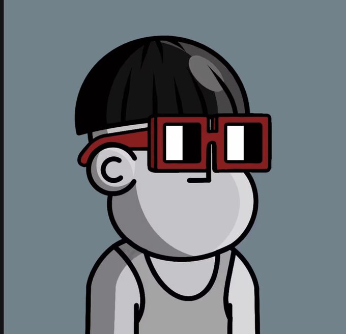 A stylized cartoon illustration of a character with a bowl-cut black hairstyle wearing red pixelated/blocky sunglasses with white square lenses, set against a gray-blue background.