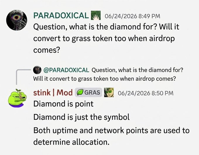 A Discord conversation where PARADOXICAL asks about the purpose of the 'diamond' symbol, and Mod 'stink' from GRASS explains it's just a point symbol used alongside uptime and network points for allocation.