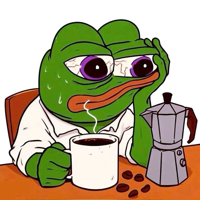 An illustration of the stressed Pepe the Frog meme sweating while looking at a cup of black coffee next to a Moka pot and scattered coffee beans.