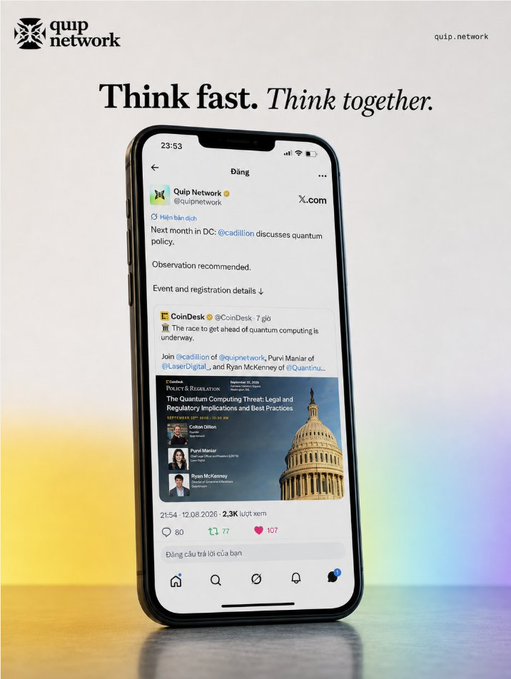 An advertisement for 'Quip Network' with the tagline 'Think fast. Think together.' displaying a smartphone screen showing a social media post about quantum computing.