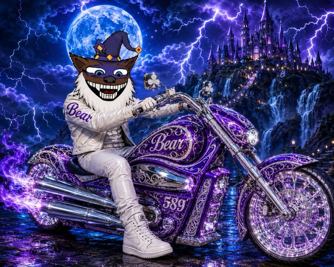 A whimsical digital artwork titled 'Bear' depicts a furry character with a large grinning mouth riding an ornate purple motorcycle numbered 589 against a stormy, moonlit castle backdrop.