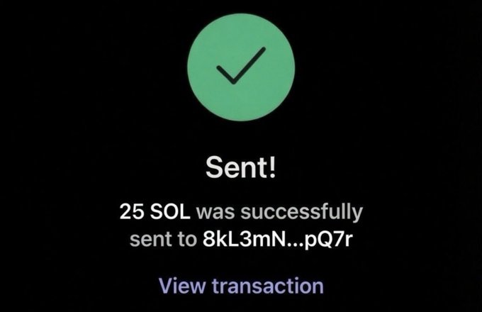 A cryptocurrency transaction confirmation screen with a green checkmark, reading 'Sent! 25 SOL was successfully sent to 8kL3mN...pQ7r' with a 'View transaction' link.