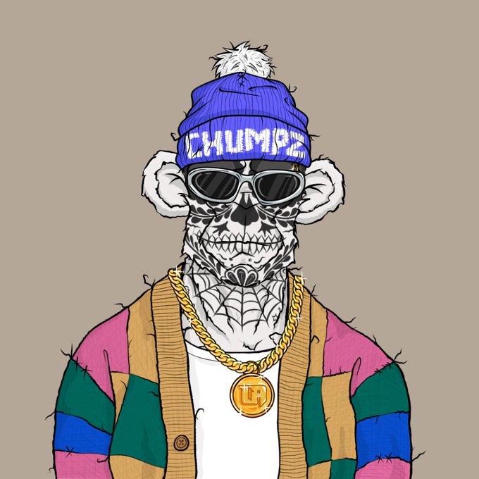A digital illustration of a skull character wearing a blue beanie labeled 'THUGZ', black sunglasses, a gold chain, and a colorful striped jacket.