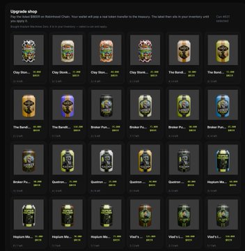Dark-themed 'Upgrade shop' interface for 'Valuable VOX' on Mainnet Chain, showing a grid of collectible NFT items including Clay Stories, The Sandstorm, Broken Pieces, Quarantine, and Hopium Me bottles with prices listed.