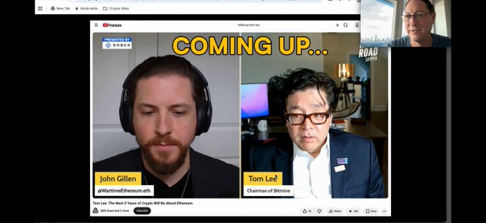 The image displays a YouTube thumbnail featuring Tom Lee, Chairman of Fundstrat Global Advisors, alongside interviewer John Gillen of Wartime Ethereum, with bold "COMING UP..." text overhead. This relates to the post by milkroaddaily, highlighting Tom Lee's recent interview being analyzed in detail using AI tools to break down his market insights.