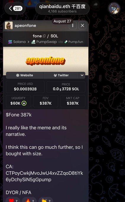A screenshot of a Telegram post from the channel "qianbaidu.eth 千百度" (281, 4,166 subscribers) dated August 27, showing a call on the Solana memecoin $FONE (apeonfone) purchased via PumpSwap/Pump.fun at a $387K market cap with $60K liquidity. The accompanying post highlights this Chinese trader's track record, noting his previous $PONS call went from $200K to $130M, and that his $FONE entry at $387K has since risen to $30M.