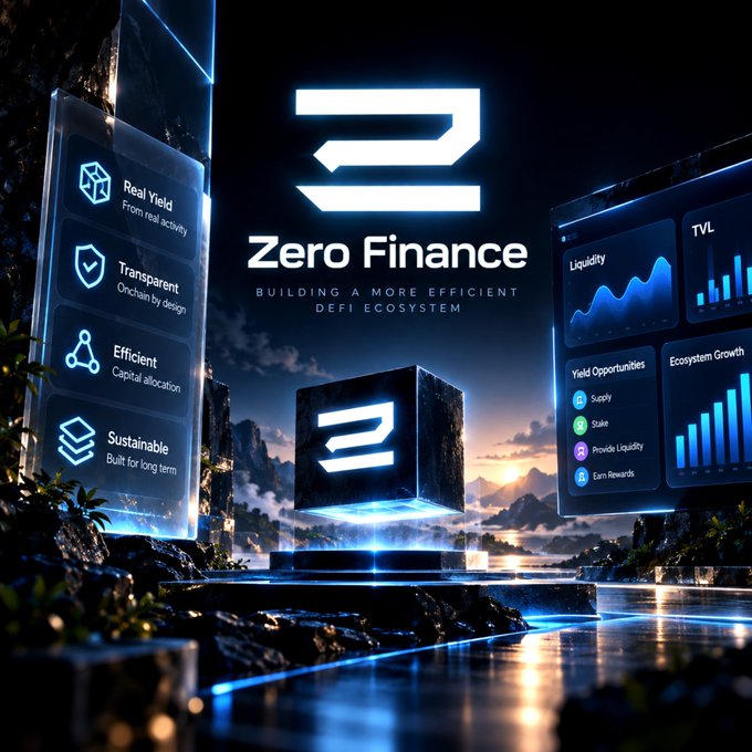 A promotional graphic for 'Zero Finance' features the tagline 'BUILDING A MORE EFFICIENT DEFI ECOSYSTEM' alongside features like Real Yield, Transparency, Efficient, and Sustainable.