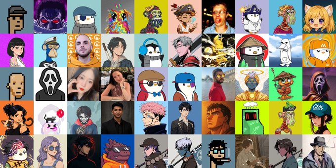 A dense collage grid displays dozens of varied cartoon avatars, anime characters, pixel art, and illustrated profile pictures across colorful backgrounds.